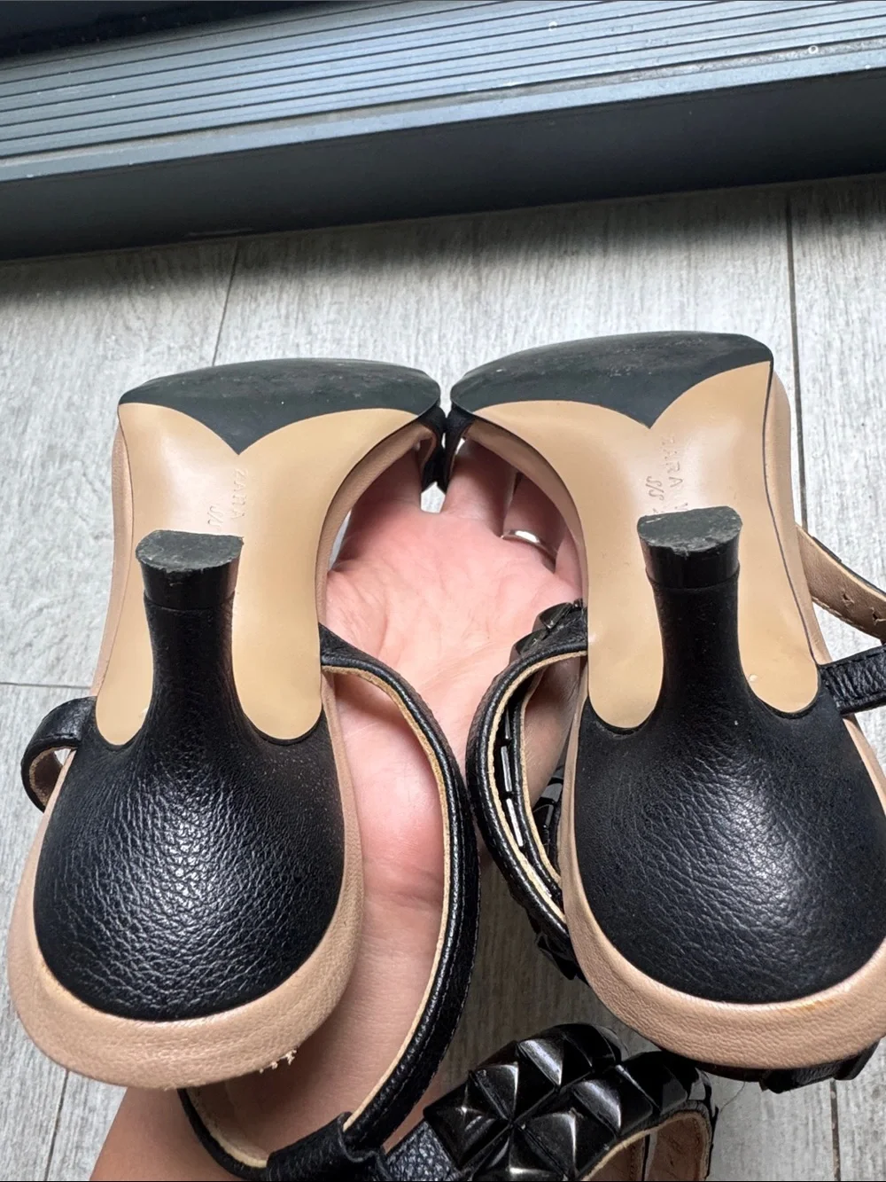 Zara Black Studded T-Strap Ankle Sandals size 37 Heels